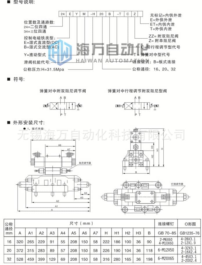 24EYM电液换向阀型号尺寸参数图片